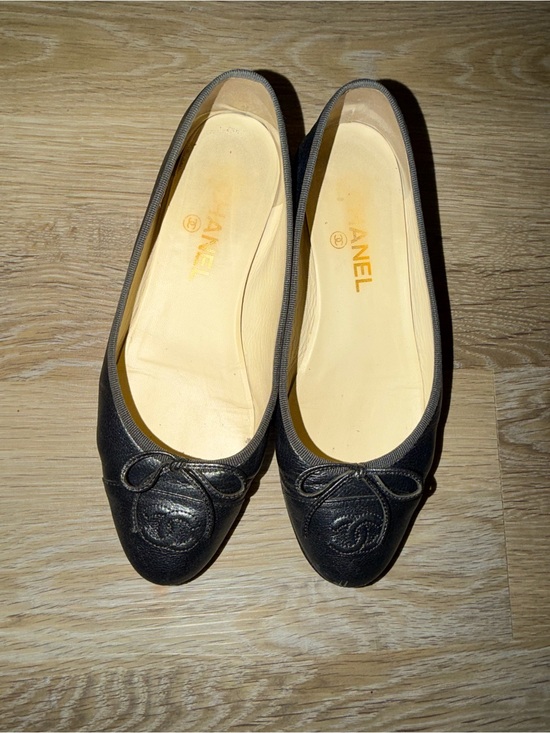 CHANEL Shoes - CHANEL Black Leather Logo Bow Ballet Flats